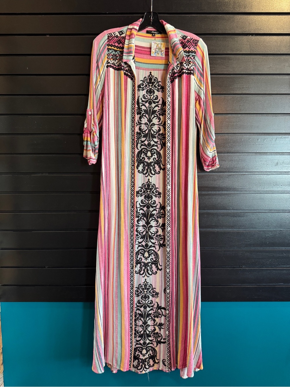 Andree Pink Striped Maxi Shirtdress with Black Medallion Panel